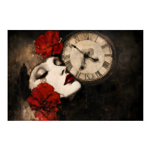 Surreal Gothic Woman with Red Poppies and Vintage 