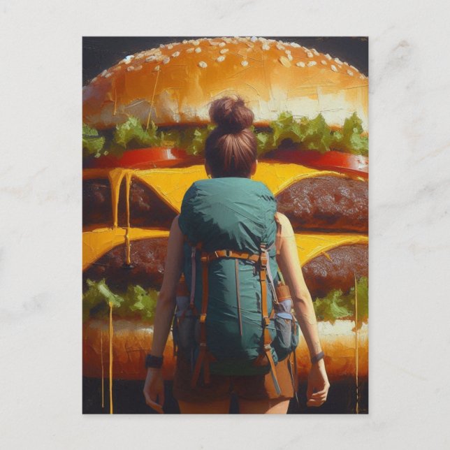 Surreal Hiker Cheeseburger Dreaming Postkarte (Vorderseite)