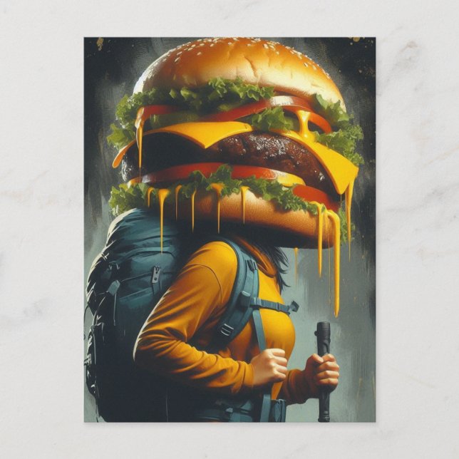 Surreal Hiker Cheeseburger Head Postkarte (Vorderseite)