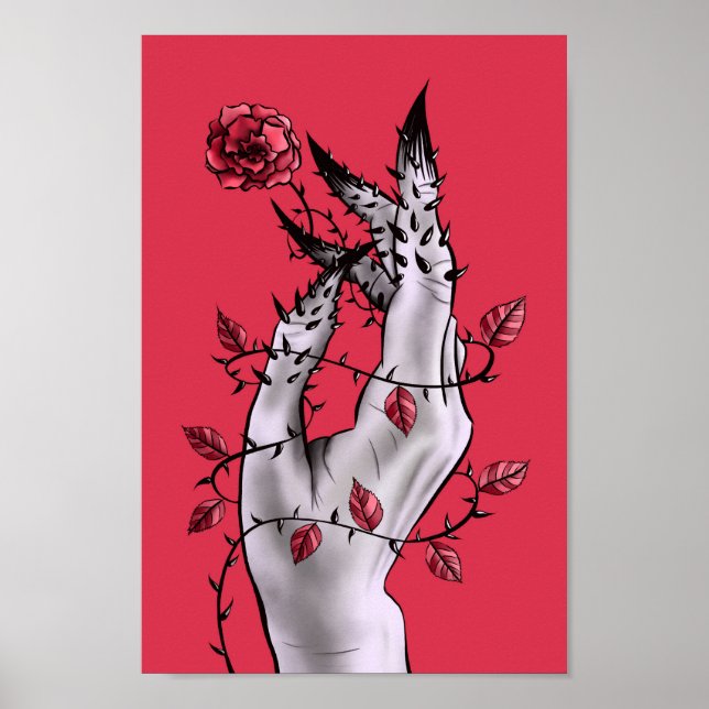 Surreal Horror Hand mit Rose gotisch Poster (Vorne)