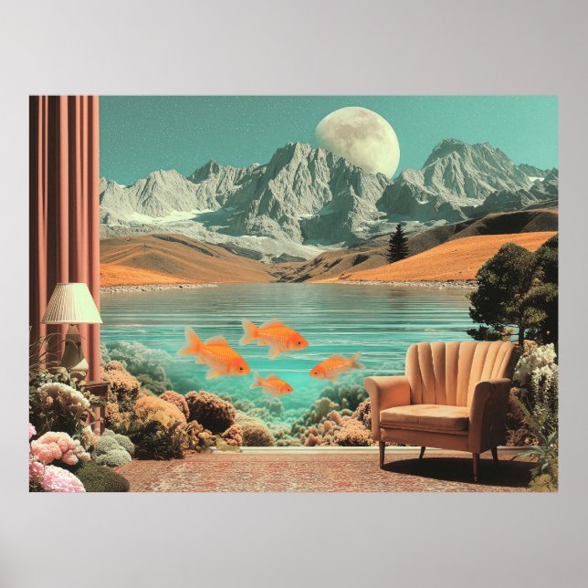 Surreal Interior with Fish and Moonlit Landscape Poster (Vorne)
