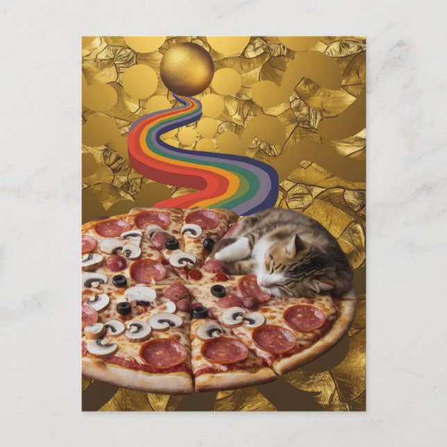 Surreal Katze auf Pizza Golden Rainbow Background Postkarte (Vorderseite)