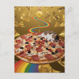 Surreal Katze auf Pizza Golden Rainbow Background Postkarte