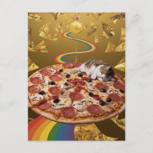 Surreal Katze auf Pizza Golden Rainbow Background Postkarte