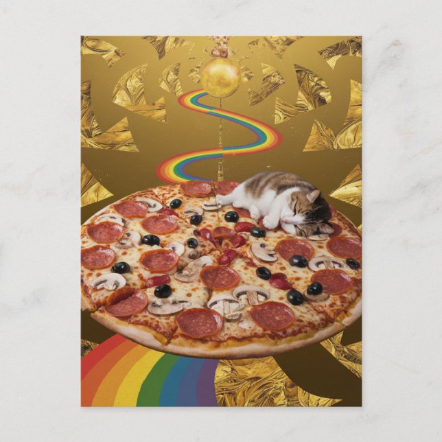 Surreal Katze auf Pizza Golden Rainbow Background Postkarte (Vorderseite)