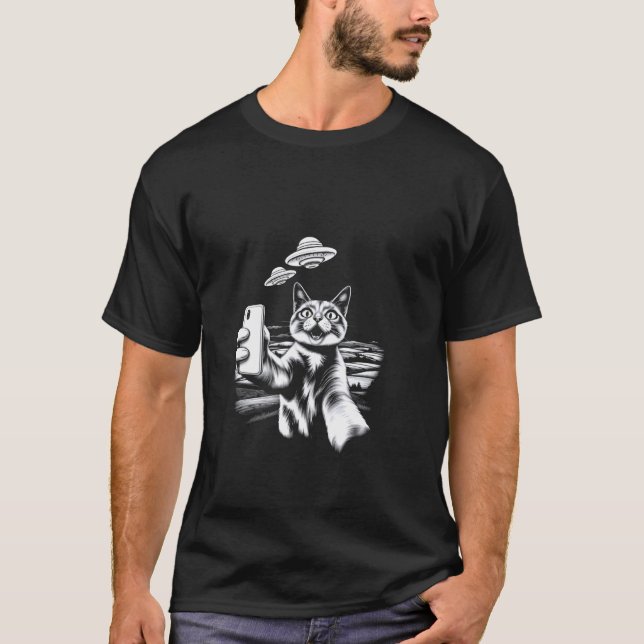 Surreal Katzen UFO Selfie T-Shirt (Vorderseite)