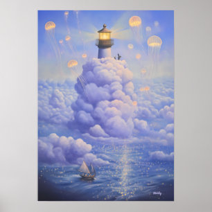 Surreal Leuchtturm in den Wolken und Quallen Poster