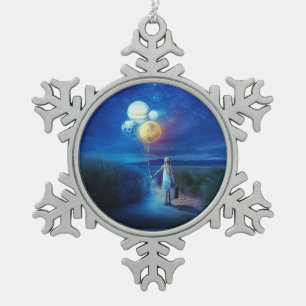 Surreal Little Girl Verlasse Zuhause für andere We Schneeflocken Zinn-Ornament