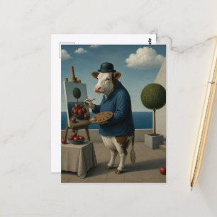 Surreal lustige Kuh malt Apfel-Stillleben Postkarte