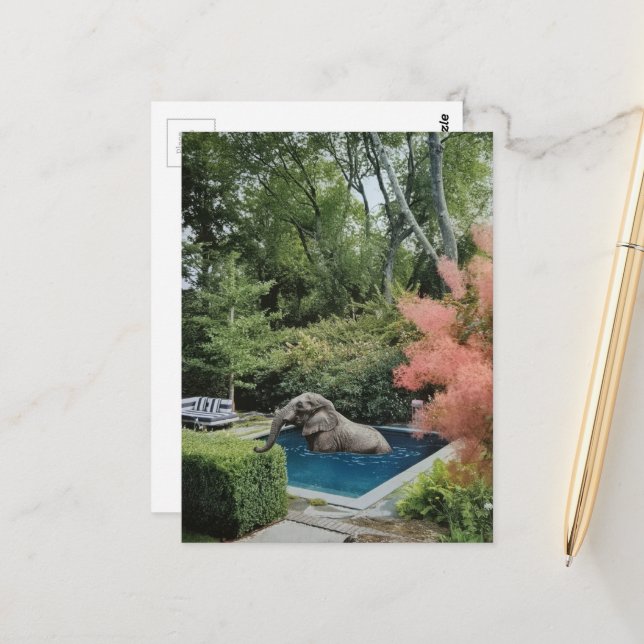 Surreal lustiger schöner Elefant im Pool Postkarte (Vorderseite/Rückseite Beispiel)