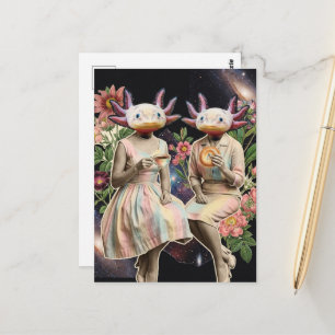 Surreal lustiges Paar Axolotl Frühstück Collage Postkarte