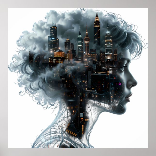 Surreal Mindscape: City within a Woman's Head Poster (Vorne)
