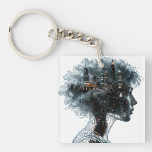 Surreal Mindscape: City within a Woman's Head Schlüsselanhänger (Vorderseite)
