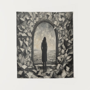 Surreal monochrome schwebende Papiere Wandkunst Wandteppich