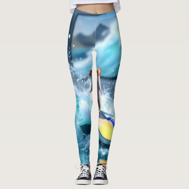 Surreal Mouse Surfing Digital Waves – Whimsical Te Leggings (Vorderseite)