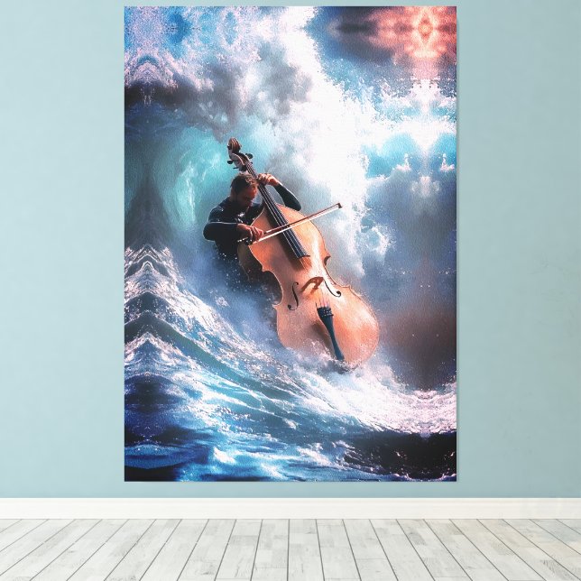 Surreal Music Man spielt Cello in Ocean Waves Leinwanddruck (Insitu (Holzboden))