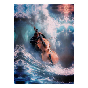 Surreal Music Man spielt Cello in Ocean Waves Poster