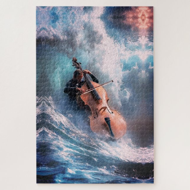 Surreal Music Man spielt Cello in Ocean Waves Puzzle (Vertikal)