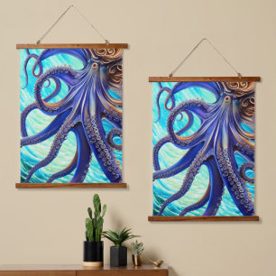 Surreal Octopus Blue Ocean Wave Impressionismus Wandteppich Mit Holzrahmen