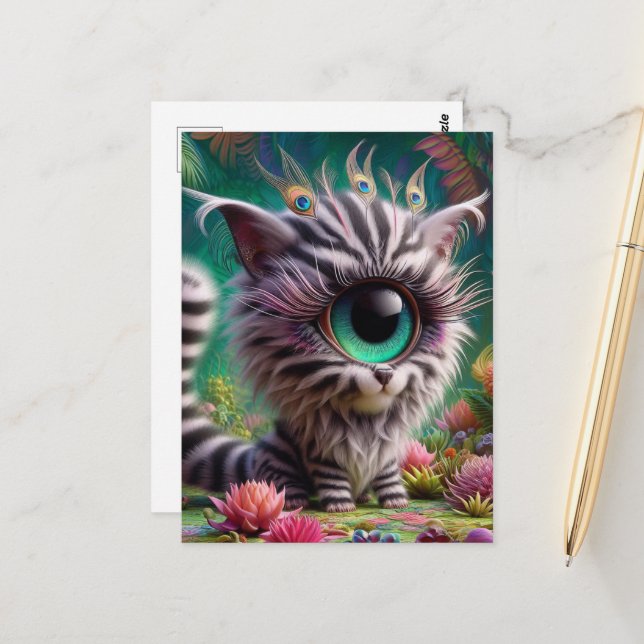 Surreal One Mit Augen Zebra Kitty Peacock Eyelashe Postkarte (Vorderseite/Rückseite Beispiel)