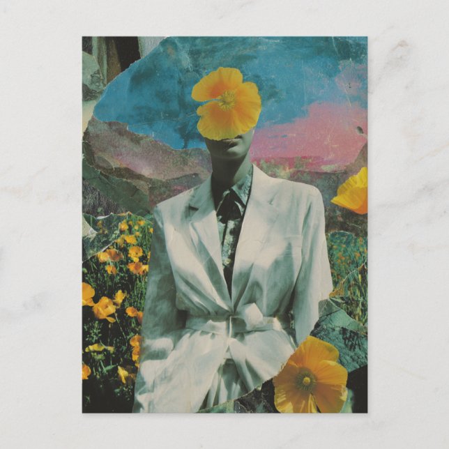 Surreal Person in Yellow Poppy Blume Collage Postkarte (Vorderseite)