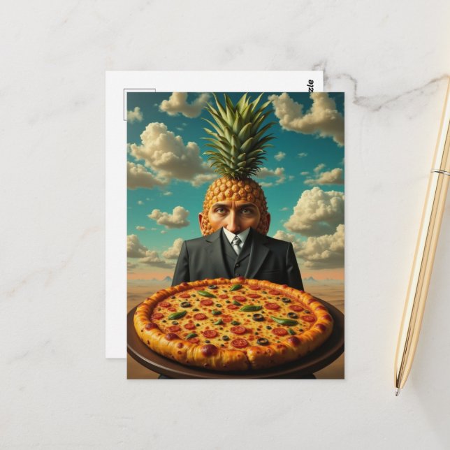 Surreal Pineapple Pizza Man Postkarte (Vorderseite/Rückseite Beispiel)