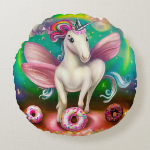 Surreal Pink Donuts Unicorn Rundes Kissen