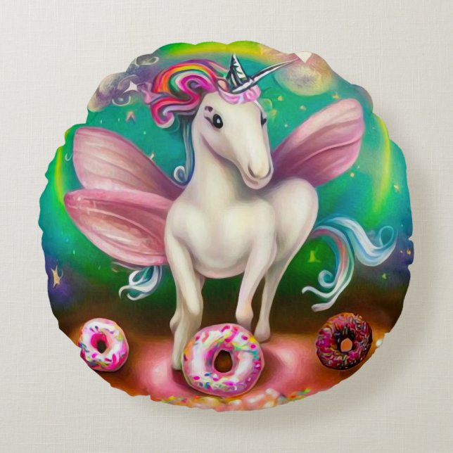 Surreal Pink Donuts Unicorn Rundes Kissen (Vorderseite)