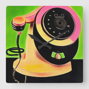 Surreal Pop Art Retro Telefon 3 Quadratische Wanduhr