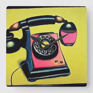 Surreal Pop Art Retro Telefon 6 Quadratische Wanduhr