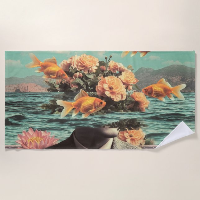Surreal Portrait With Goldfish Flowers And Ocean Strandtuch (Vorderseite)