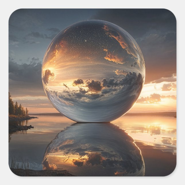 Surreal Reflective Sphere With Sunset Clouds Over  Quadratischer Aufkleber (Vorderseite)