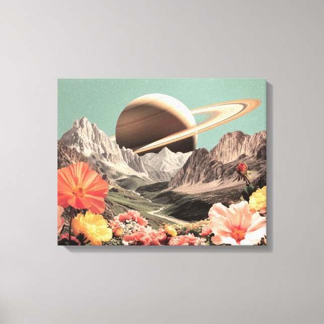 Surreal Saturn über dem Bergtal Leinwanddruck (Vorderseite)