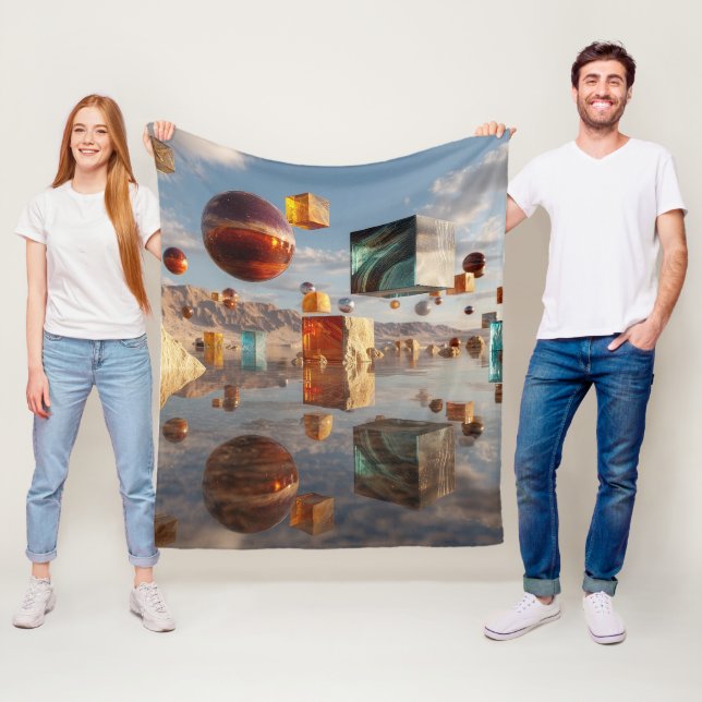 Surreal schwebende Kugeln und Würfel Fleecedecke (Beispiel)