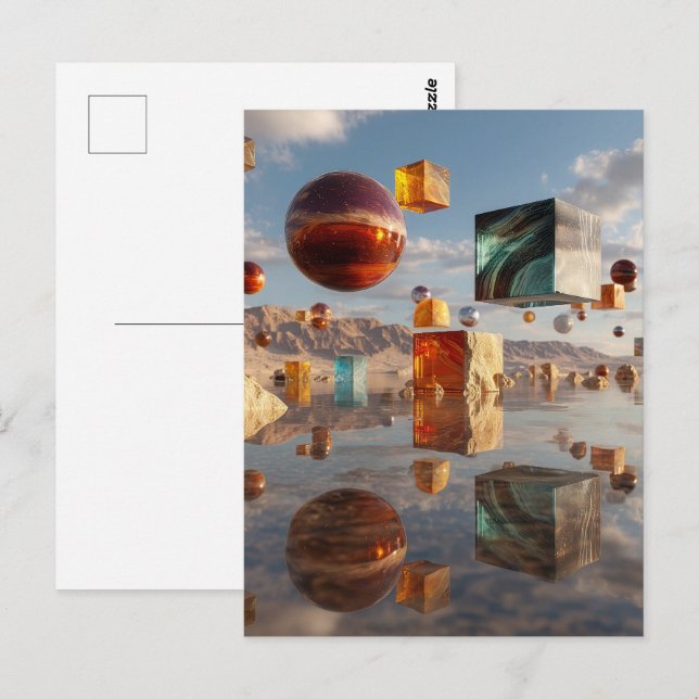 Surreal schwebende Kugeln und Würfel Postkarte (Vorne/Hinten)