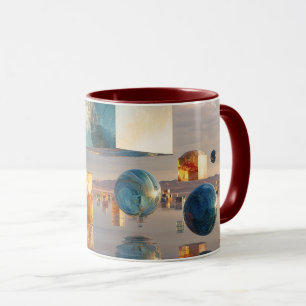 Surreal schwebende Würfel und Kugeln Tasse