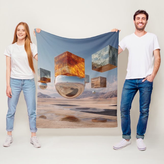 Surreal schwebende Würfel und reflektierende Kugel Fleecedecke (Beispiel)