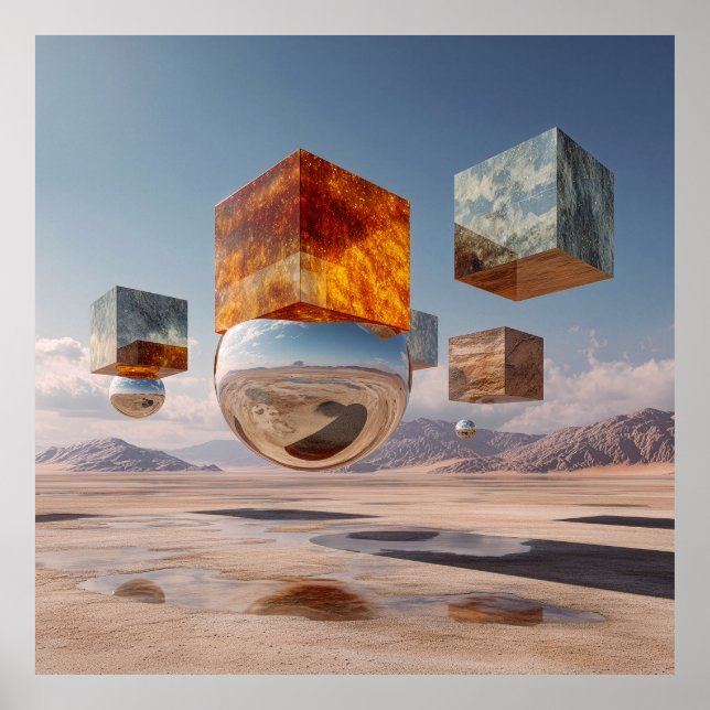 Surreal schwebende Würfel und reflektierende Kugel Poster (Vorne)