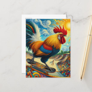 Surreal Skateboarding Rooster Postkarte