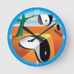 Surreal soft Yin Yang landscape. Blue border Runde Wanduhr