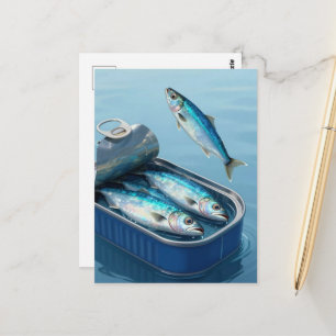 Surreal springende Sardinen aus der Dose Postkarte
