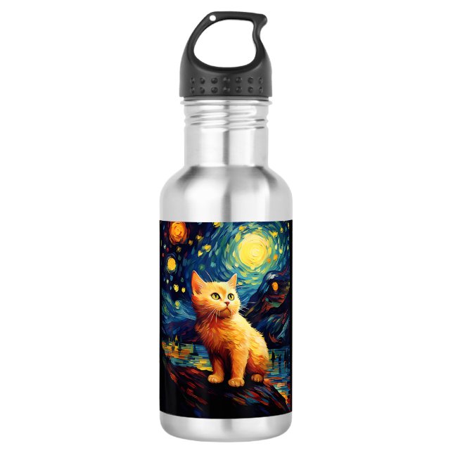 Surreal Starry Night Munchkin Cat Edelstahlflasche (Vorderseite)