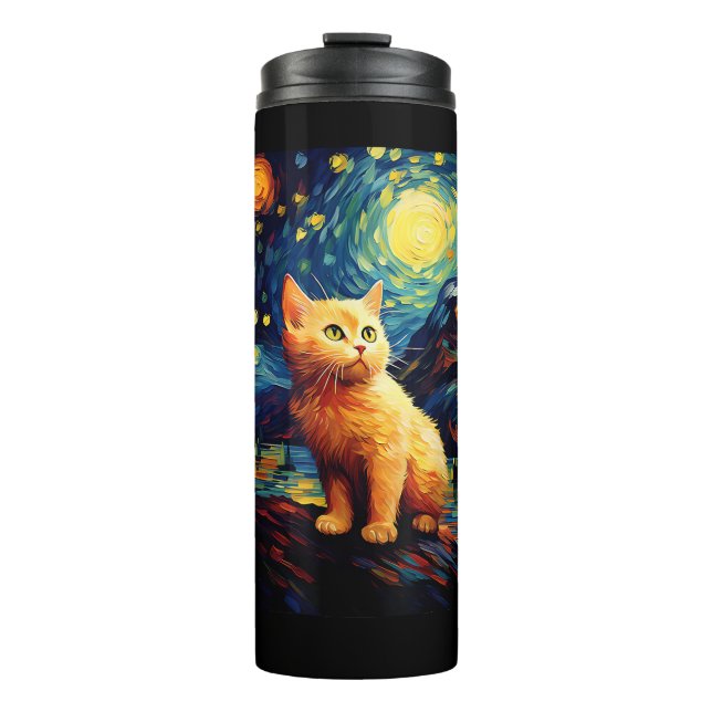 Surreal Starry Night Munchkin Cat Thermosbecher (Vorderseite)