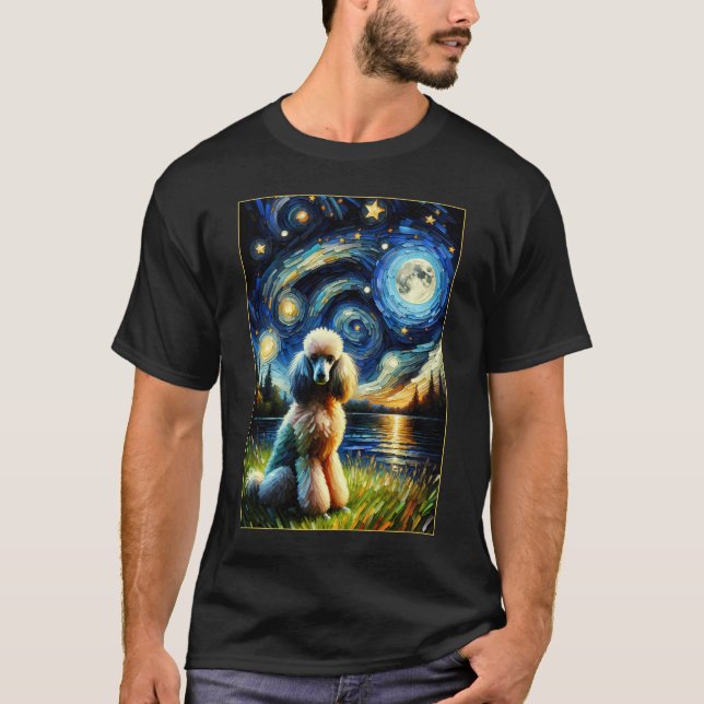 Surreal Starry Night Poodle Hund Lover T-Shirt (Vorderseite)