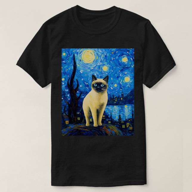 Surreal Starry Night Siamese Cat T-Shirt (Design vorne)