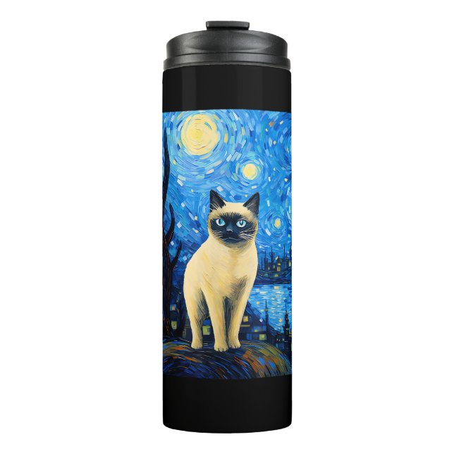 Surreal Starry Night Siamese Cat Thermosbecher (Vorderseite)