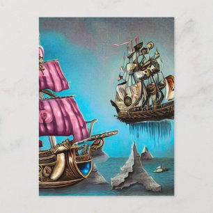 Surreal Steampunk Floating Ship & Pink Sails Postkarte
