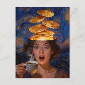 Surreal Surprised Breakfast Pancakes Coffee Woman Postkarte
