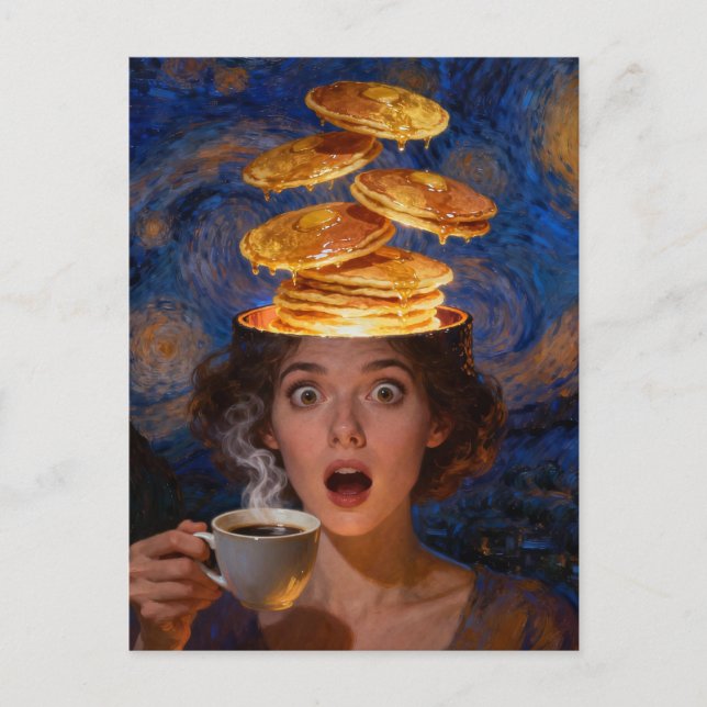 Surreal Surprised Breakfast Pancakes Coffee Woman  Postkarte (Vorderseite)