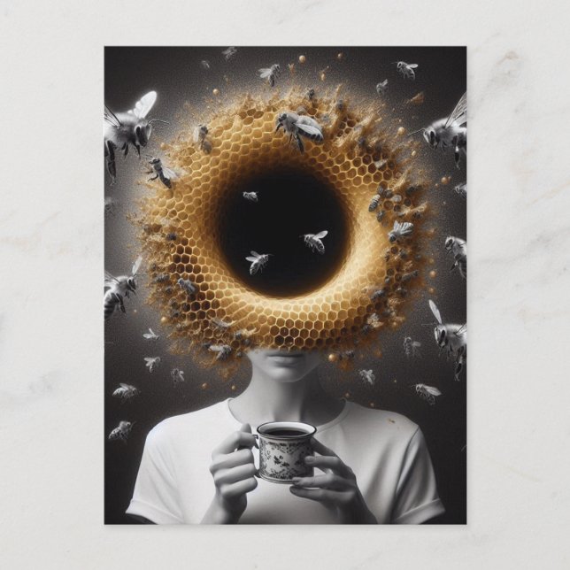 Surreal Tea Time Bees Honeycomb Black Hole Head Postkarte (Vorderseite)